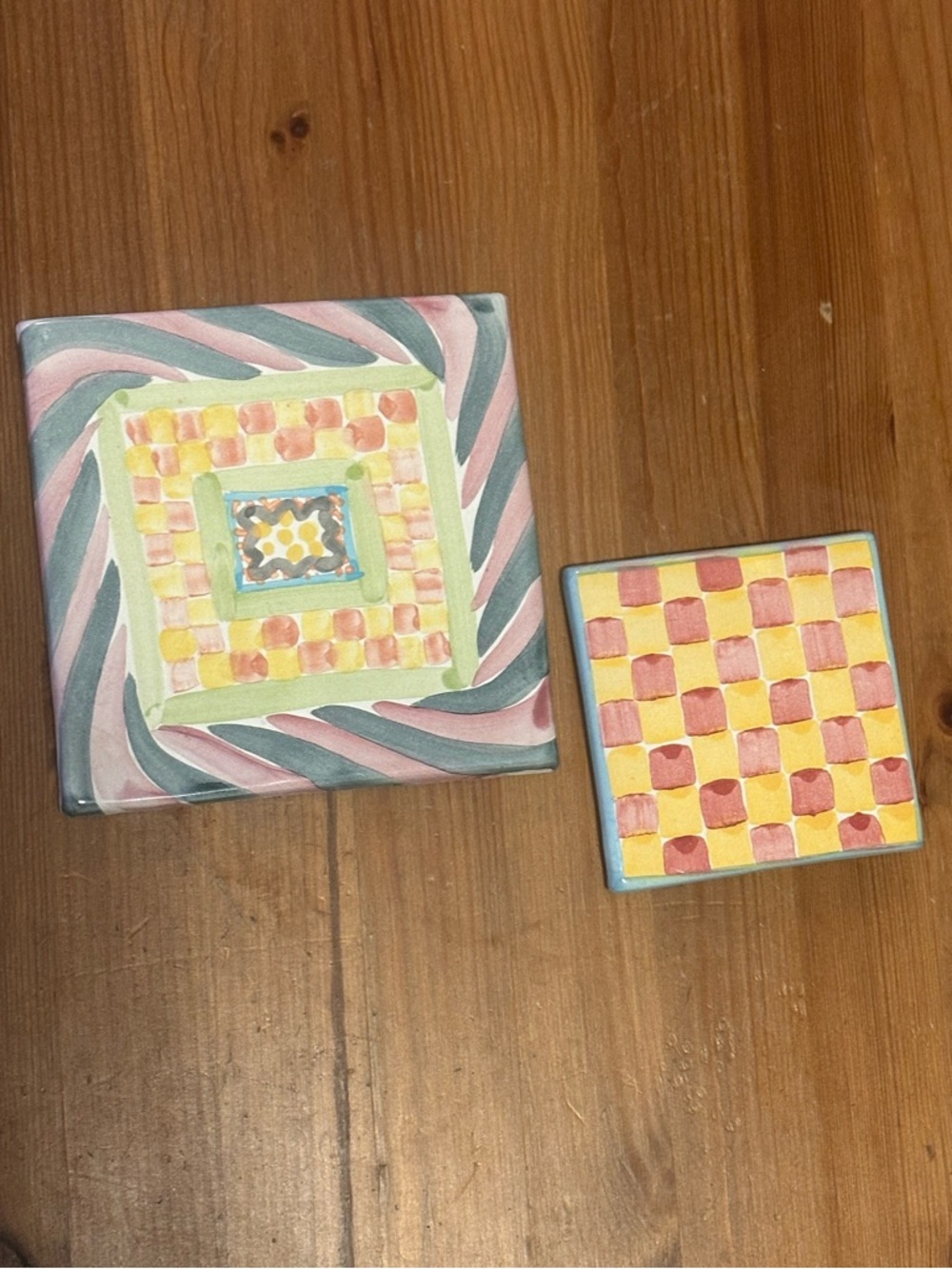 Vintage Mackenzie Childs Ceramic Tile Trivet and Coaster